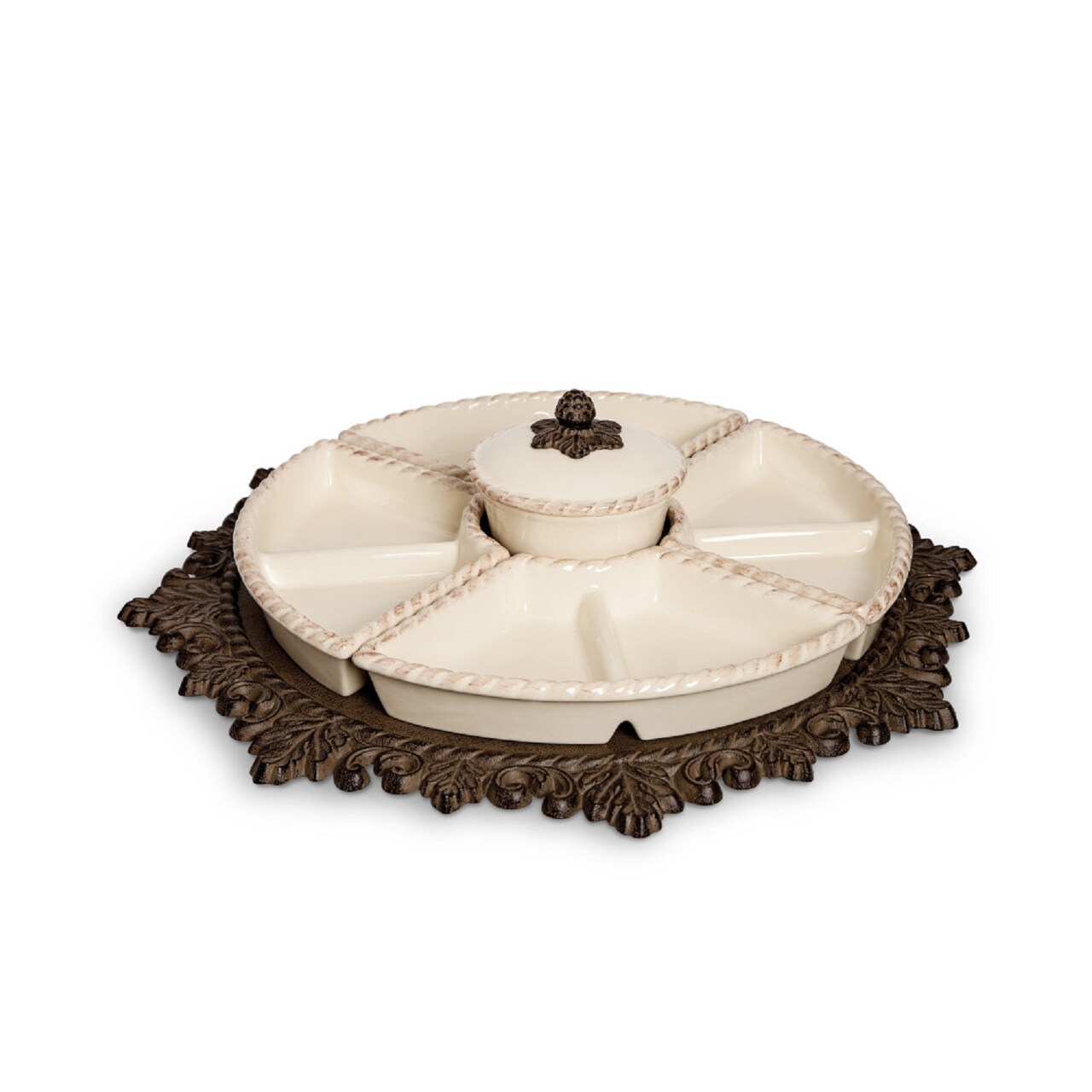 Contemporary Home Living 21" Cream and Bronze Round Wooden Lazy Susan with Acanthus Leaf Metal Base